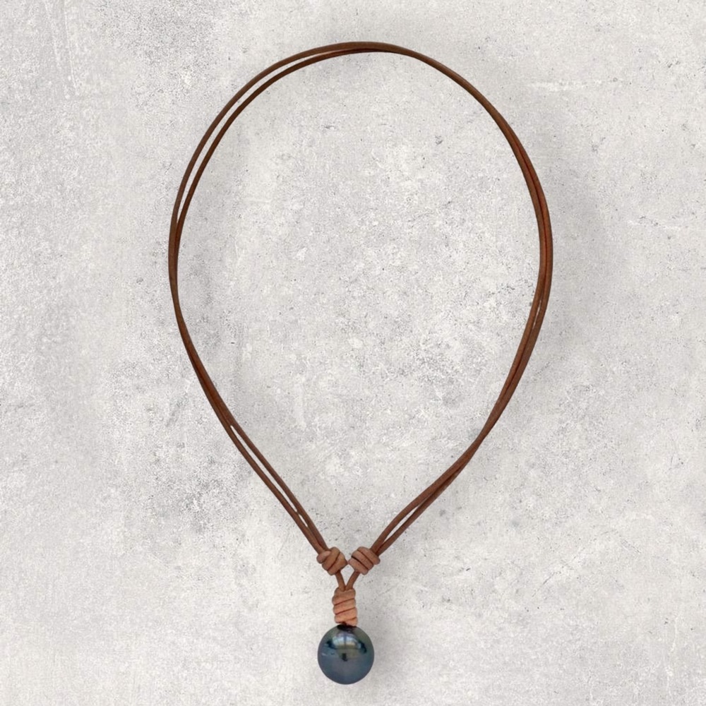16mm Genuine Goutte Baroque Tahitian Pearl in Light Brown Greek Leather Necklace